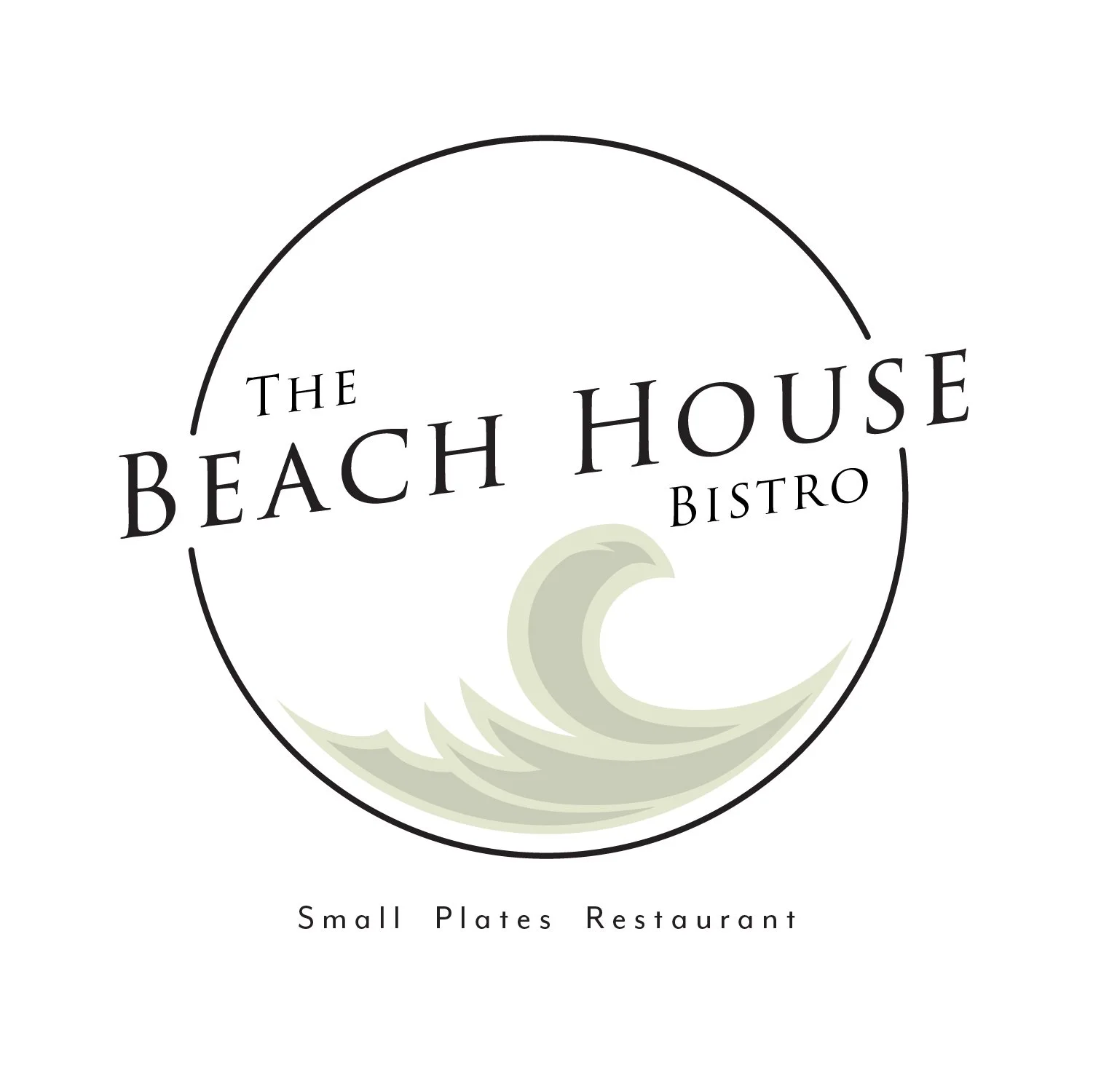 Logo for The Beach House Bistro, a small plates restaurant, featuring stylized waves within a circular design.