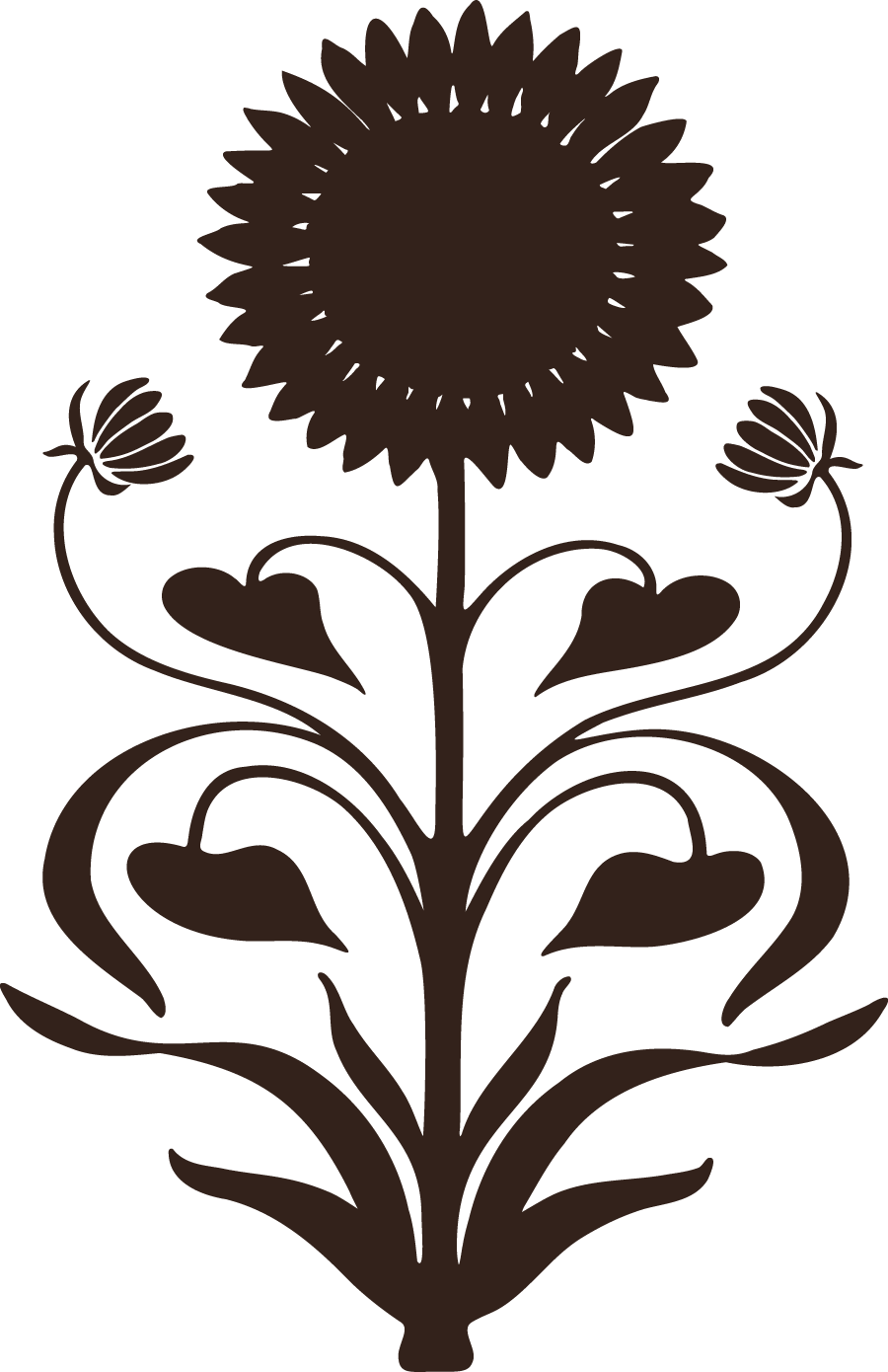 A stylized brown sunflower with curved stems and leaves.