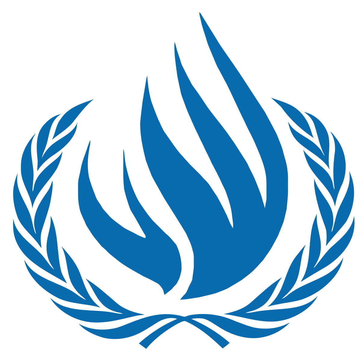 United Nations emblem with a blue flame surrounded by olive branches.