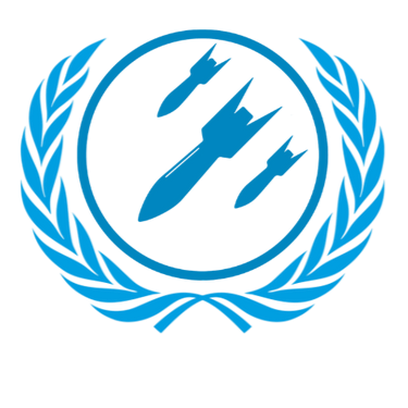 United Nations emblem with bombs inside a circle, symbolizing disarmament.