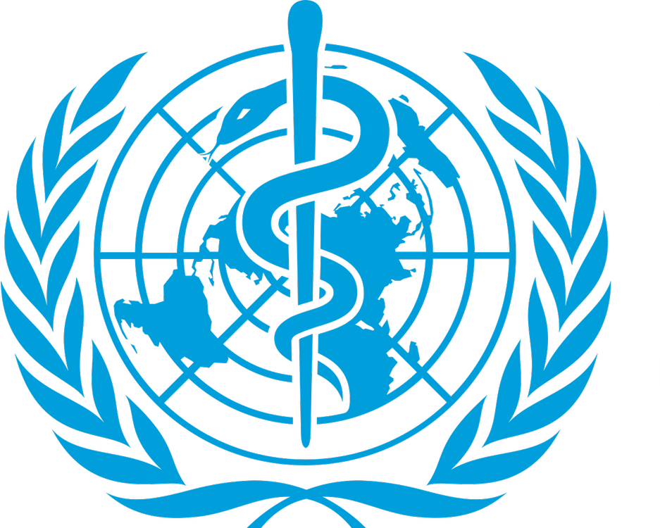 WHO emblem with a blue snake wrapped around a staff, in front of a world map, surrounded by a laurel wreath, on a black background.