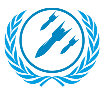 United Nations emblem with a grenade inside a circle surrounded by laurel branches.