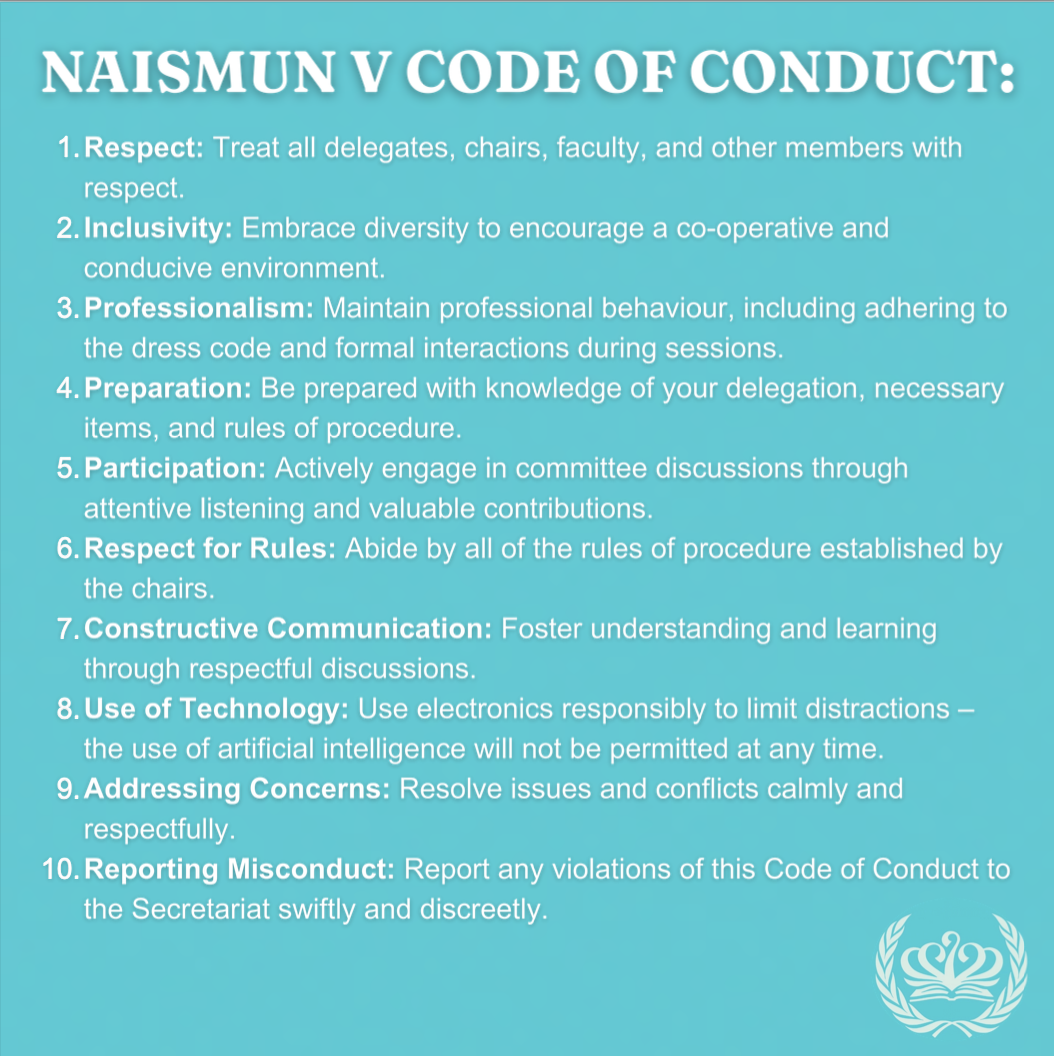 Naismun V Code of Conduct guidelines including respect, inclusivity, professionalism, preparation, participation, respect for rules, constructive communication, use of technology, addressing concerns, and reporting misconduct, with the United Nations emblem in the bottom right corner.