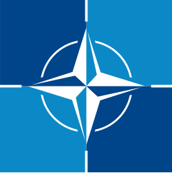 NATO emblem with a blue background and a white compass rose design.
