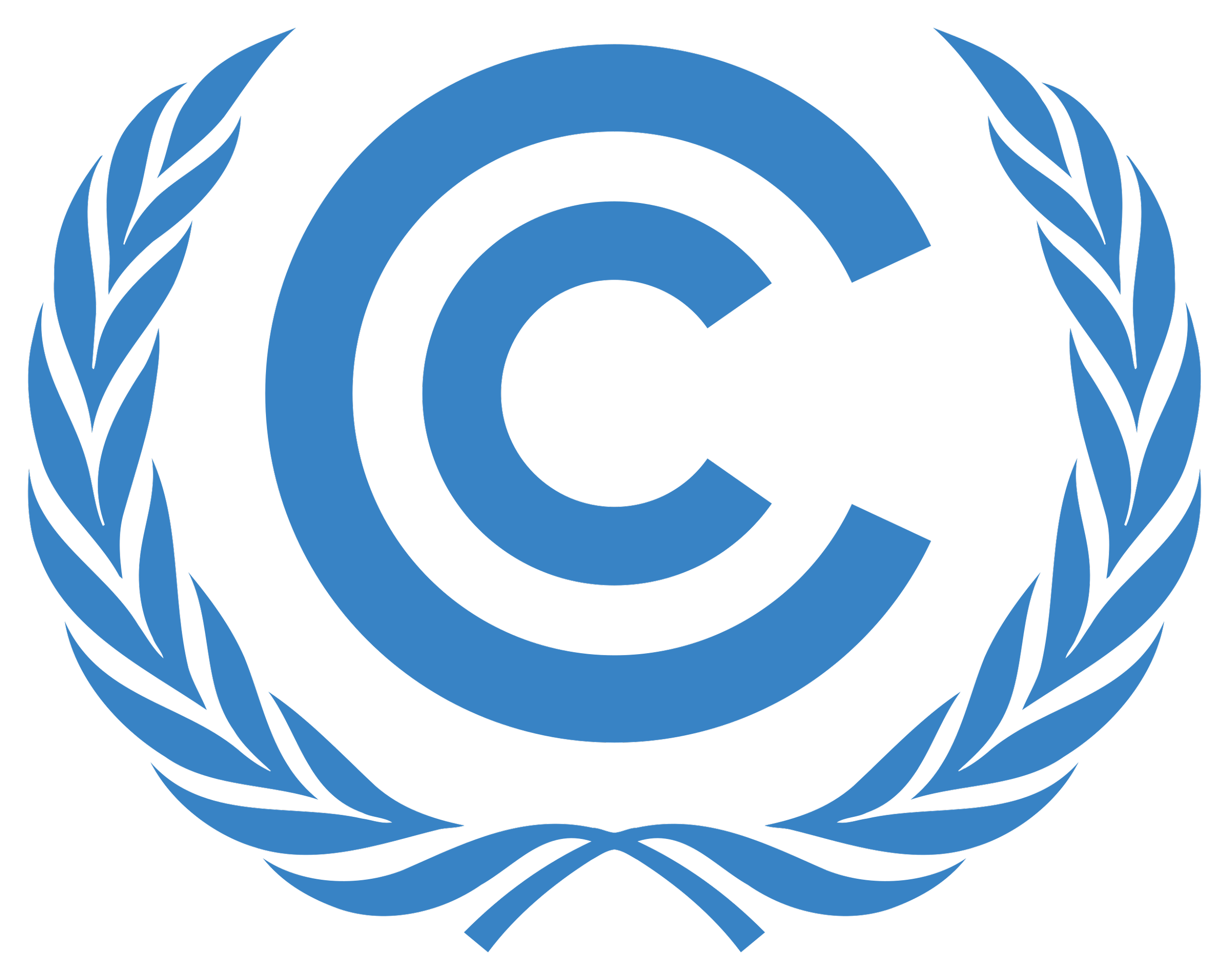 United Nations emblem in blue featuring a world map surrounded by olive branches.