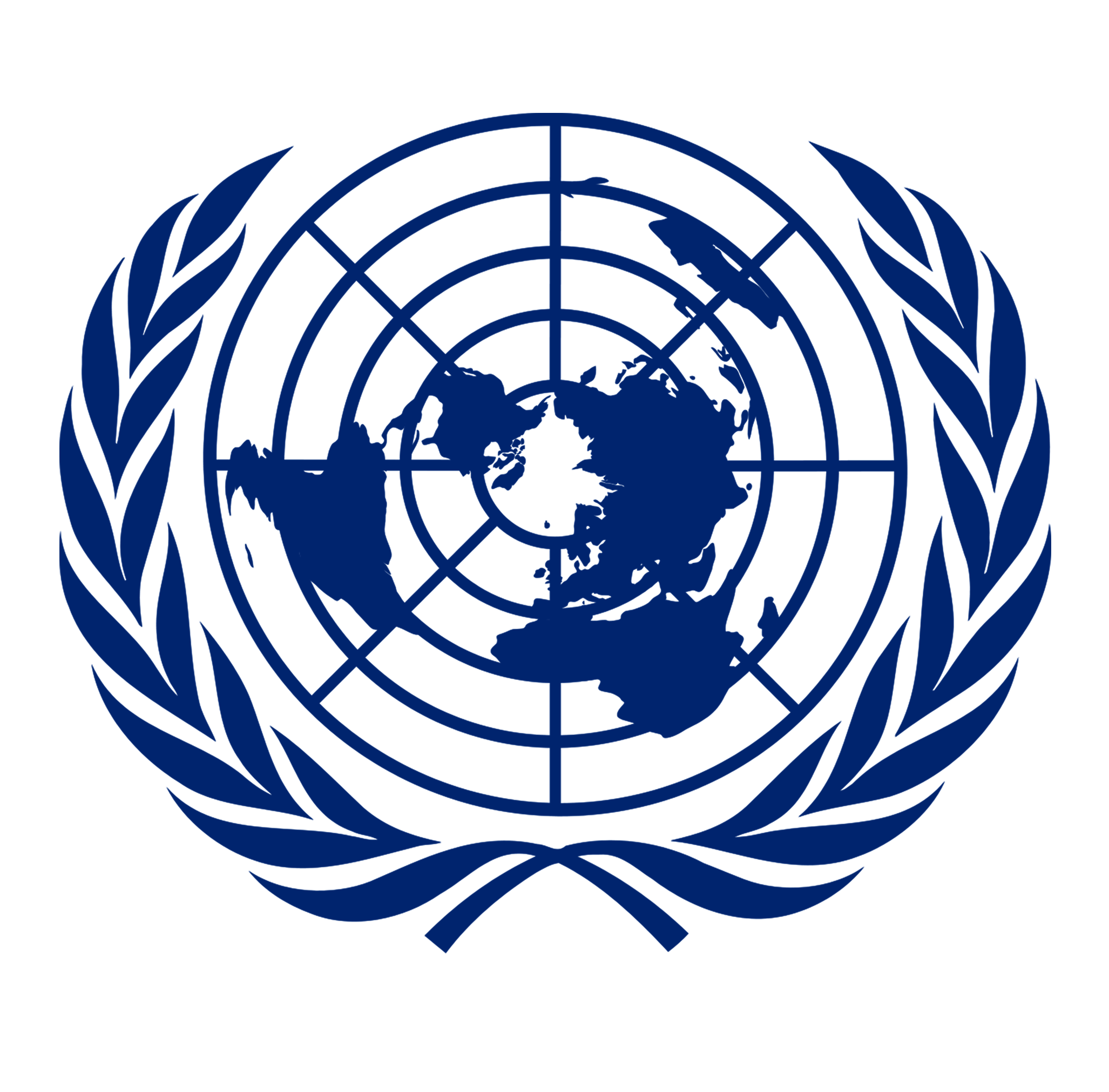 United Nations emblem with a world map surrounded by olive branches in dark blue.
