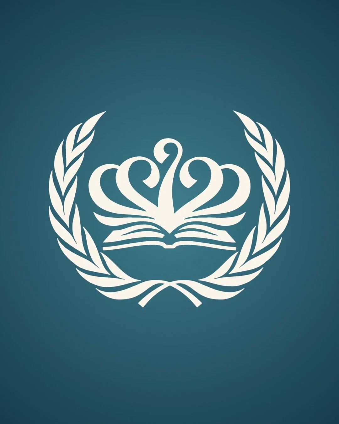 A white emblem featuring an open book with stylized swan-like shapes emerging from the pages, surrounded by a wreath of laurel leaves, on a blue background.