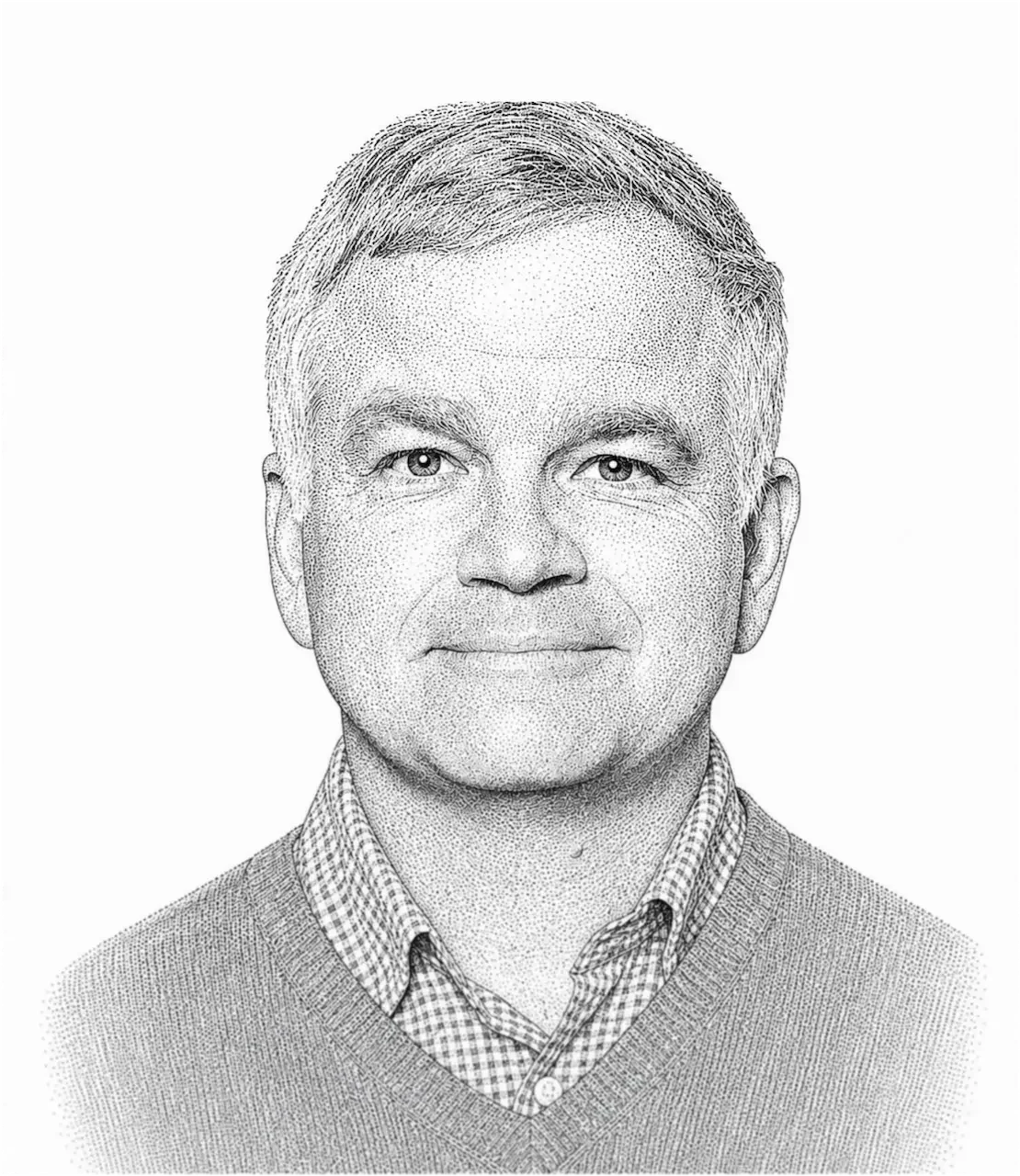 Black-and-white dotted portrait of a middle-aged man with short hair, wearing a checkered shirt under a sweater, smiling slightly.