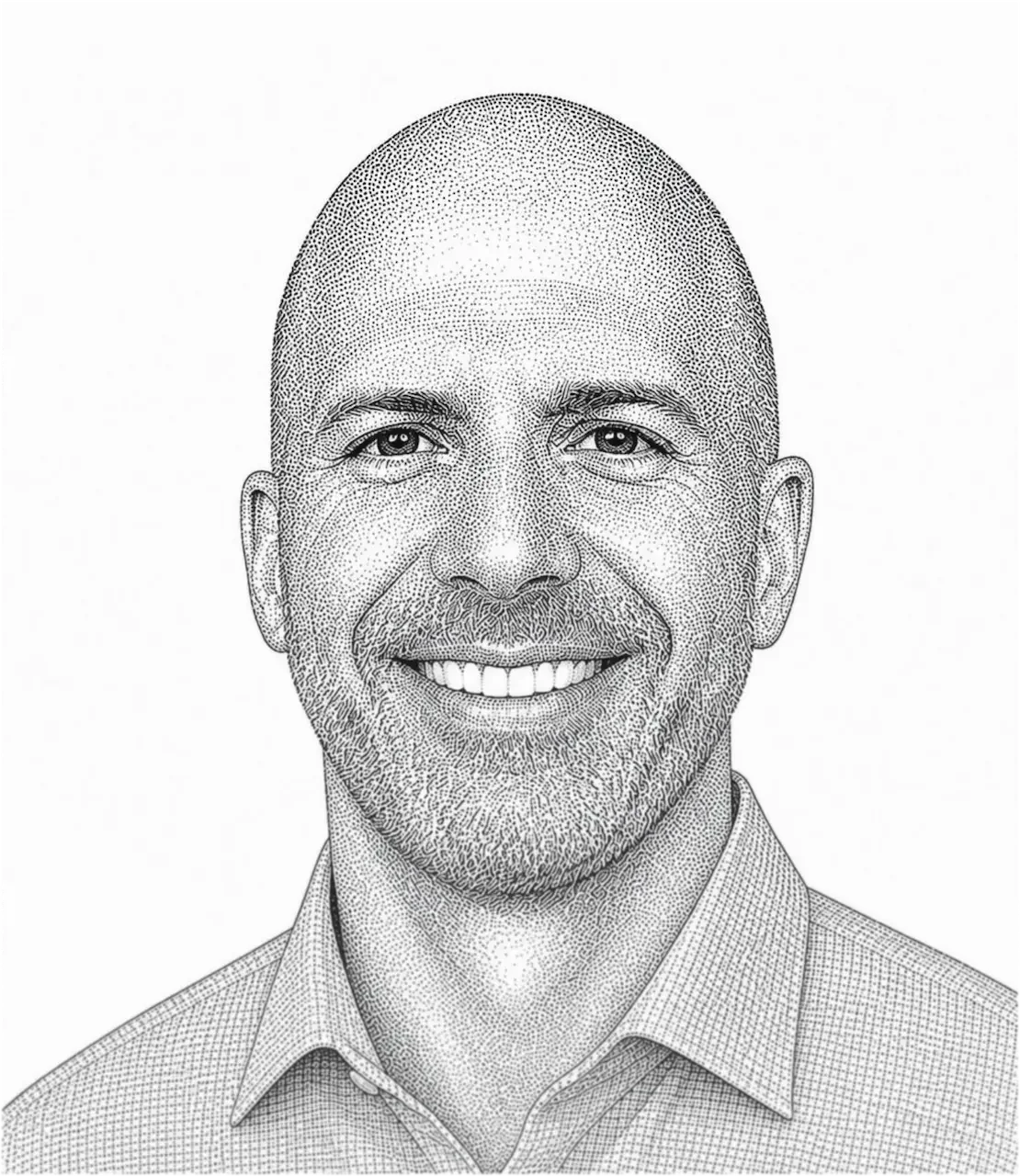 Black and white stippled portrait of a smiling man with a shaved head, beard, and collared shirt.