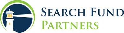 Search Fund Partners logo with lighthouse icon and blue, green, and white color scheme