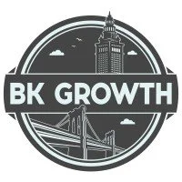 A circular logo featuring a city skyline with a tall building, a bridge, and a cloudy sky, with the text 'BK GROWTH' in the center.