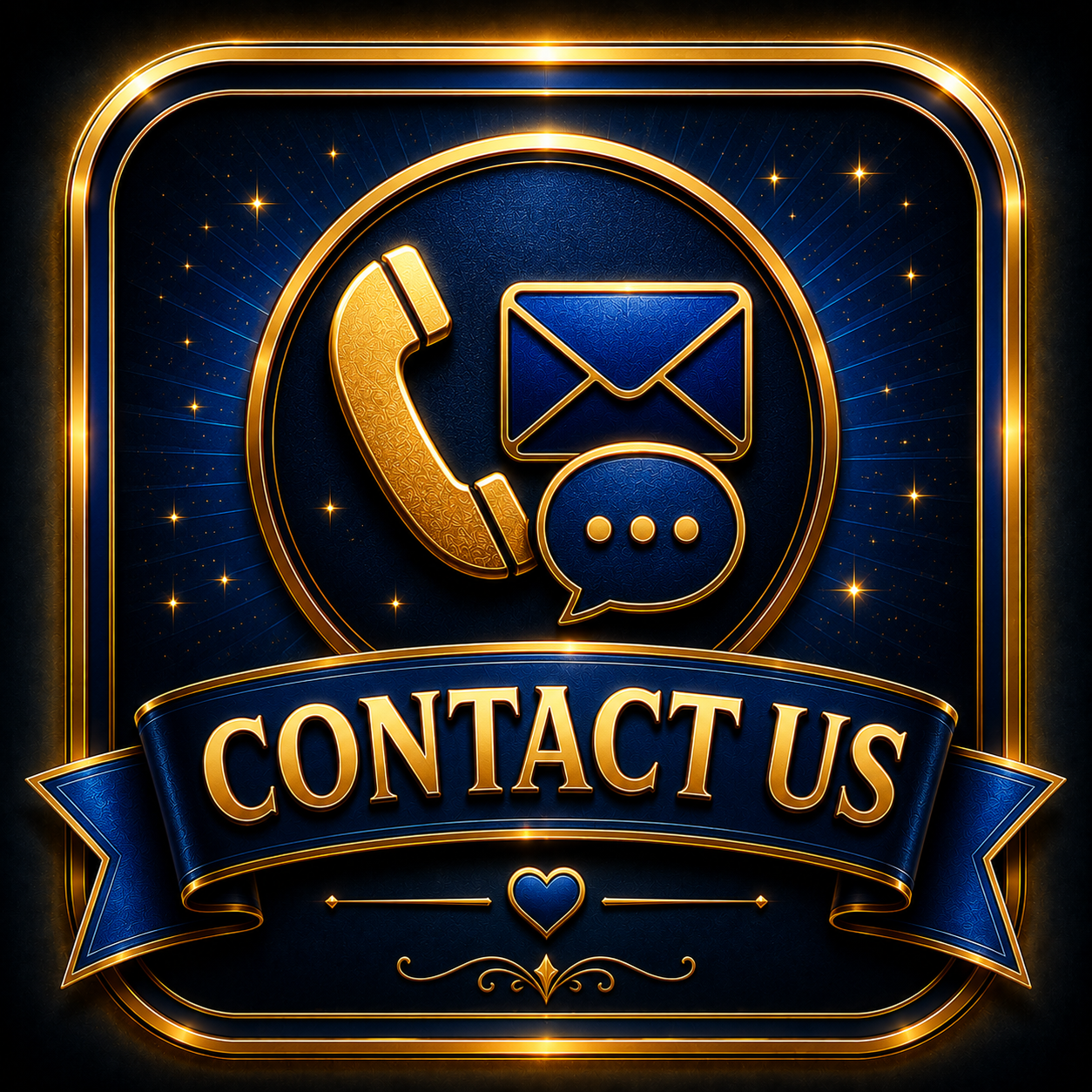 A decorative, glowing blue and gold icon with a telephone, email, and chat bubble, with the words 'CONTACT US' on a ribbon banner below, surrounded by stars and sparkles.