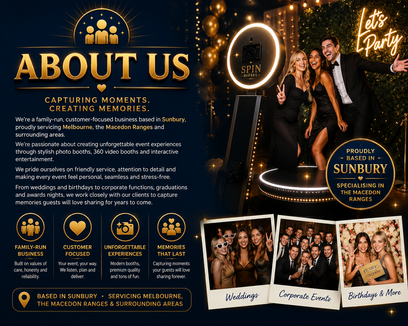 A promotional flyer for a photo booth business, featuring a group of people dressed in formal attire enjoying a photo booth experience at an event. The flyer highlights services for weddings, corporate events, and birthdays, emphasizing memorable moments, stylish booths, 360 video booths, and friendly service. The design includes gold and black colors, with photos of happy guests and event settings, as well as text about the company's focus on creating unforgettable experiences based in Sunbury, serving Melbourne and the Macedon Ranges.