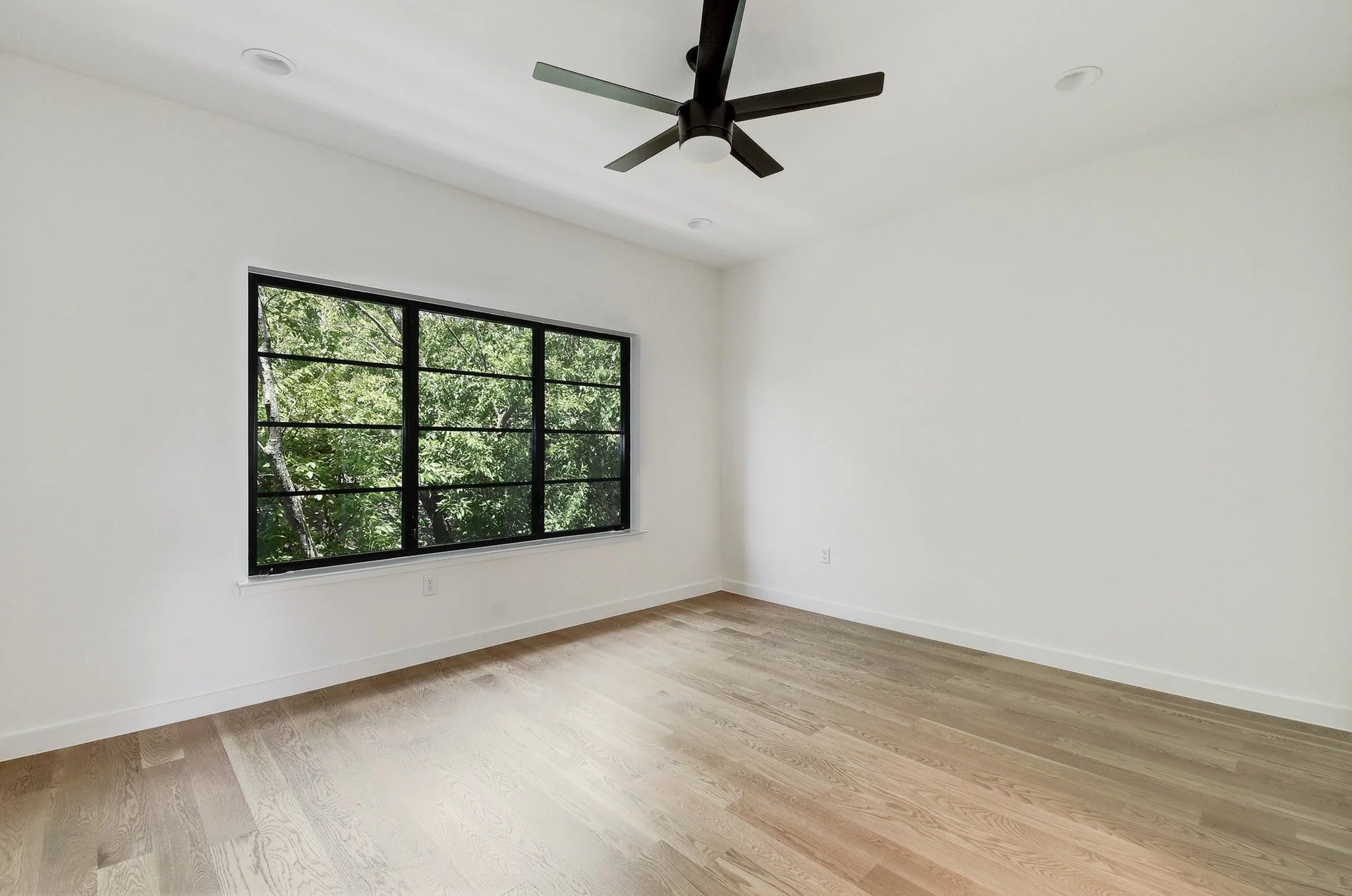 Empty room with white walls, light wood flooring, a large window showing green trees outside, black window frame, and a black ceiling fan.