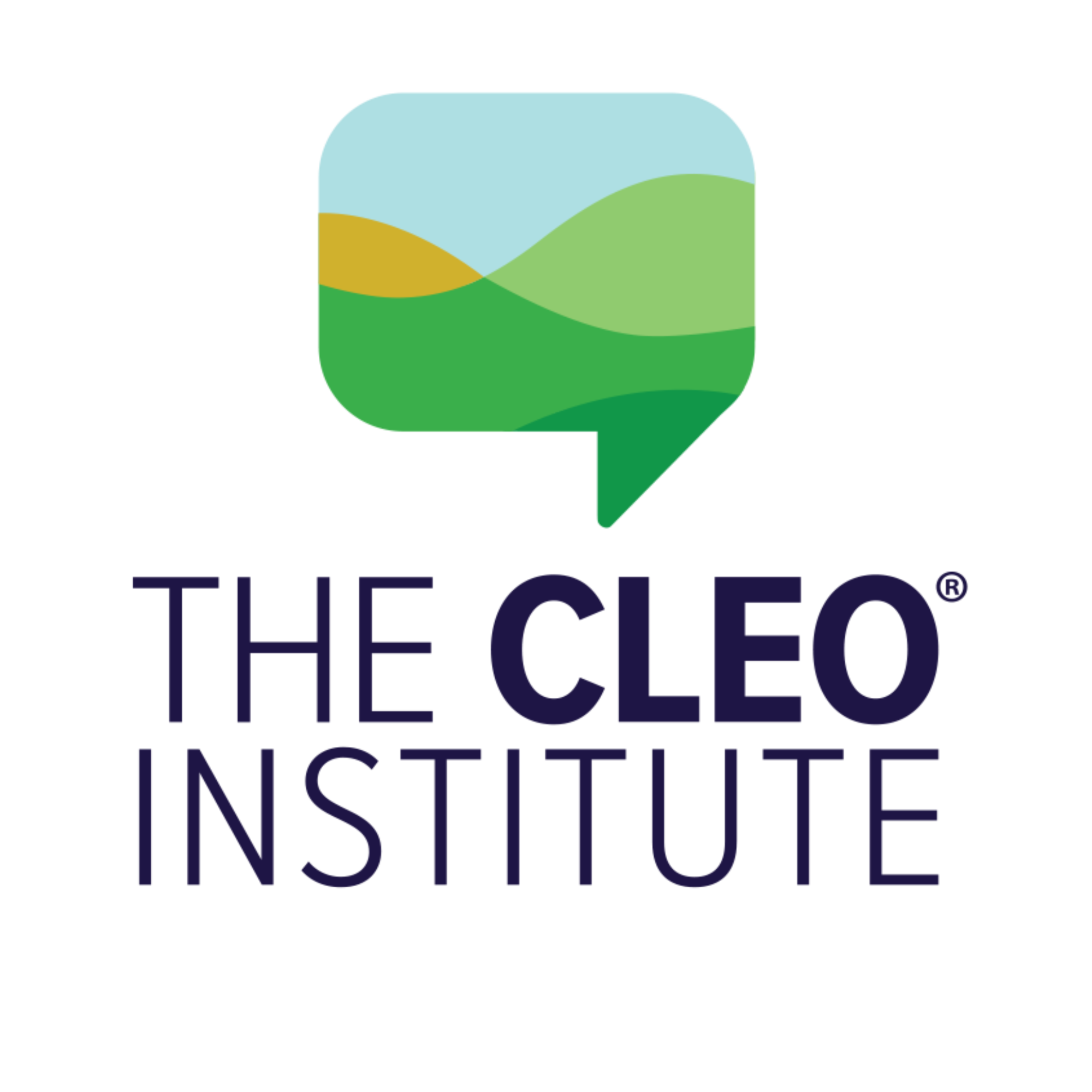 The logo of The CLEO Institute featuring a speech bubble composed of layered green, yellow, light blue, and dark blue hills.