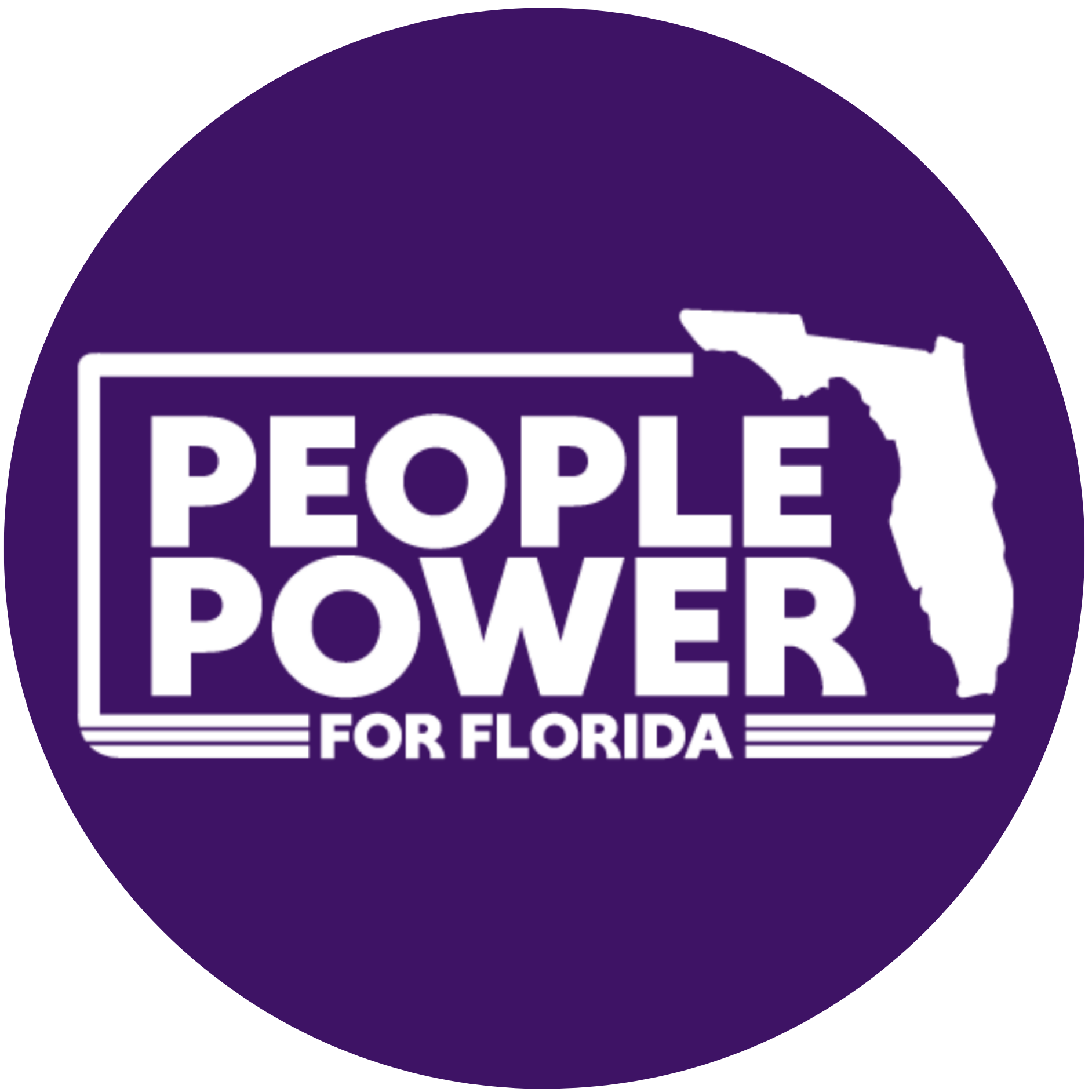 Purple circular logo with the words 'PEOPLE POWER FOR FLORIDA' in white, with a white outline of the state of Florida and a raised fist above.
