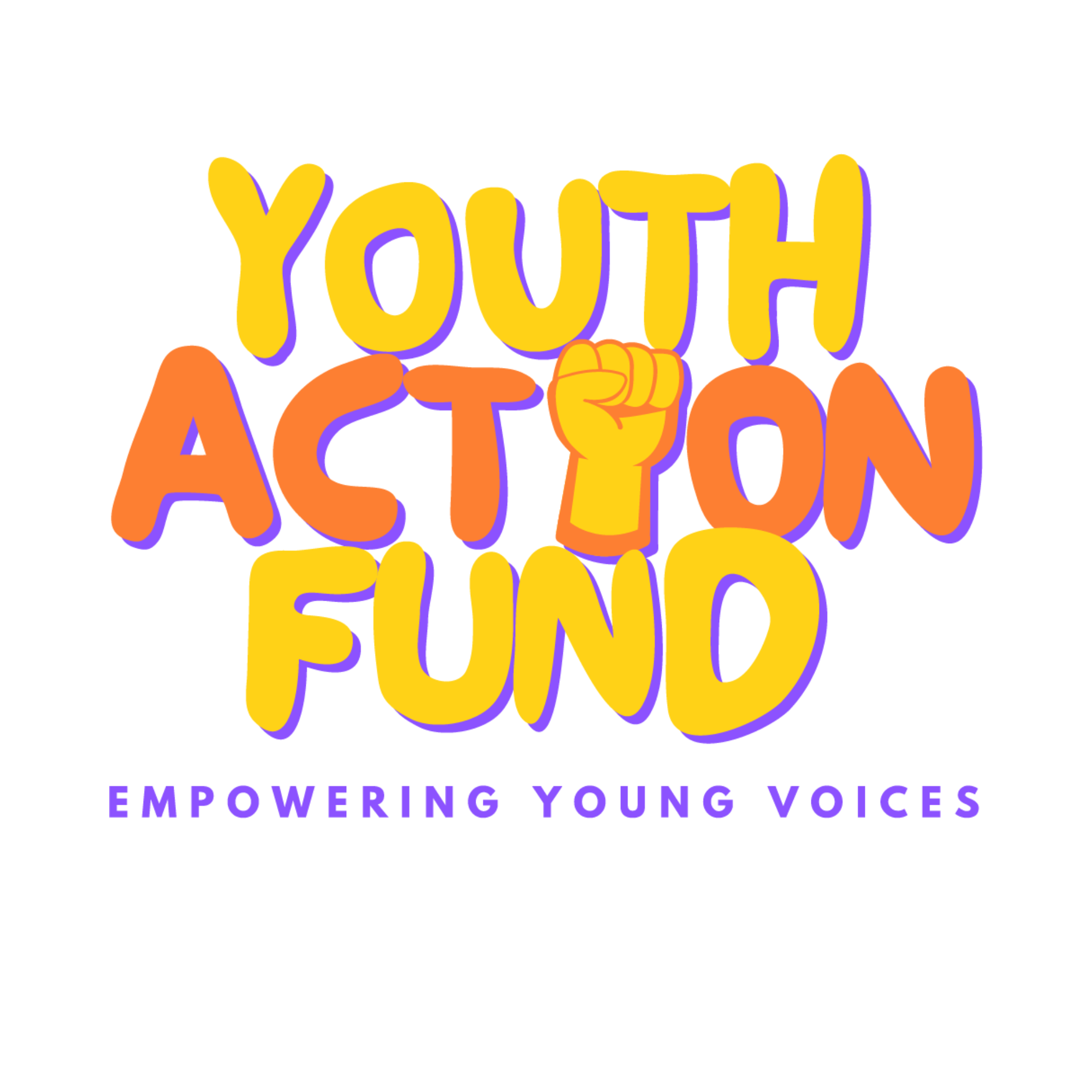 Colorful motivational text with a raised fist icon. The text reads 'Youth Action' in bold yellow and orange letters, and 'Empowering Young Voices' in purple at the bottom.