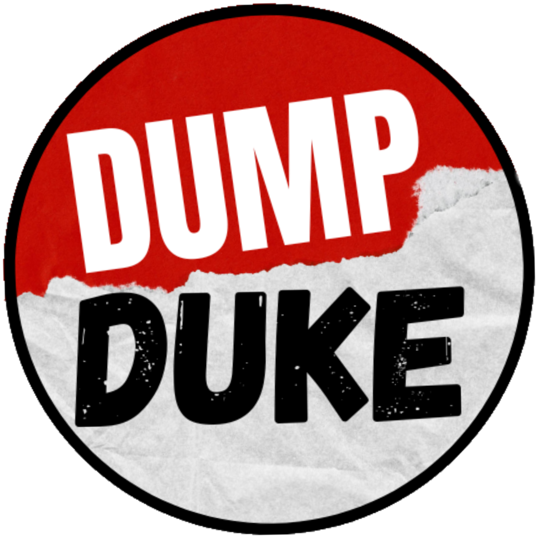 A circular sign with a red top half and a white bottom half. It has bold white text that reads 'DUMP' and black text that reads 'JUKE' underneath.