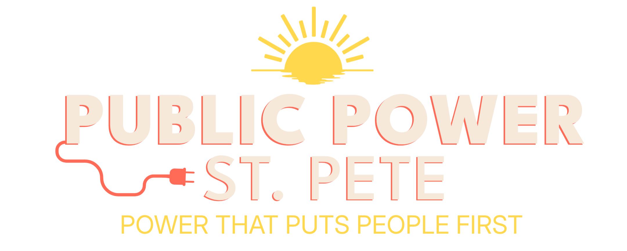 Logo for Public Power St. Pete with a sunrise above the text and a power cord forming part of the word 'Public'.