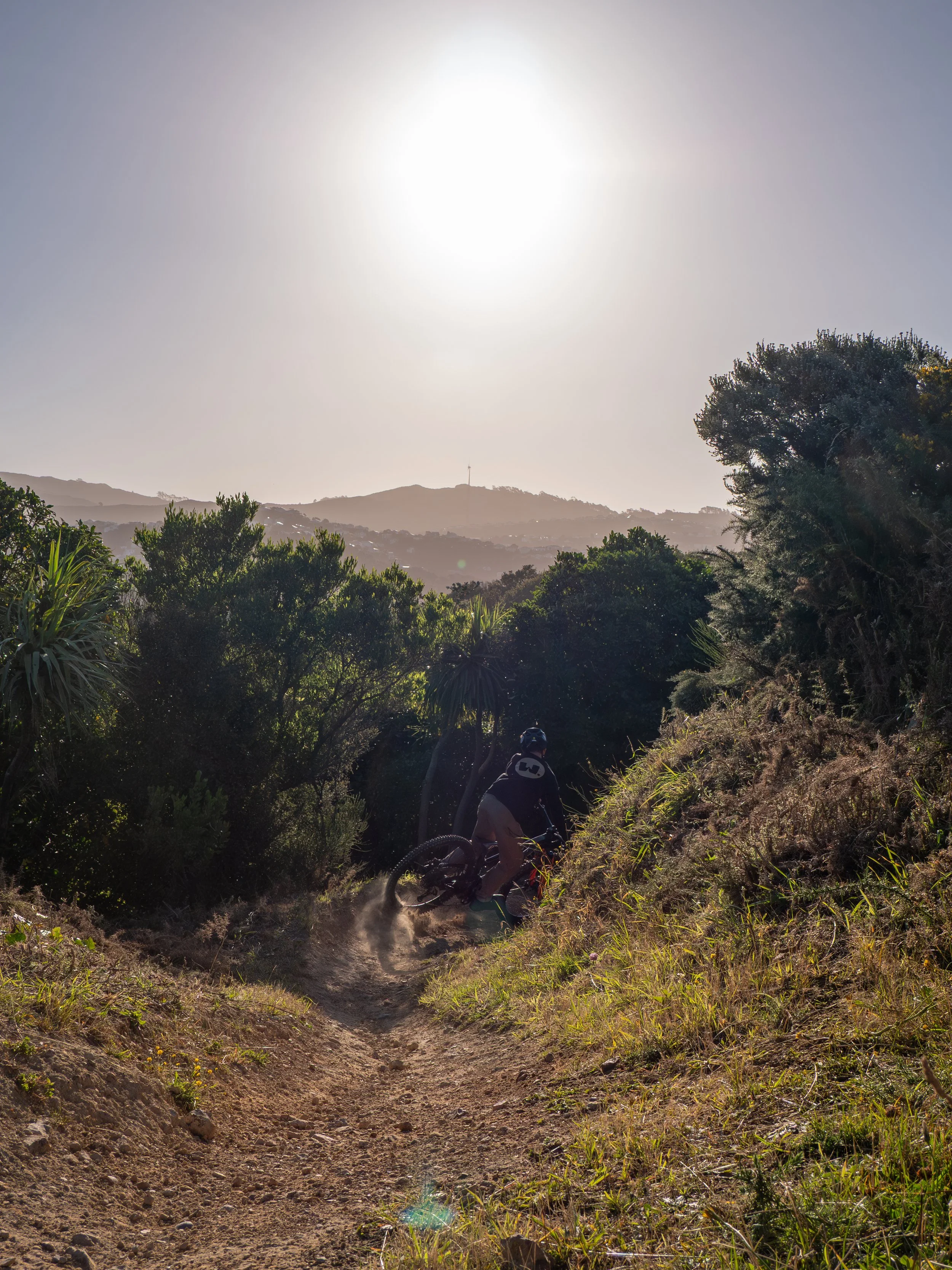 A person mountain biking on a dirt trail surrounded by green bushes and trees, with hills and a transmission tower in the distance under a bright sun in the sky.