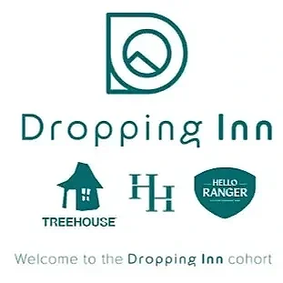 Logo for Dropping Inn, featuring a stylized D with a mountain inside, and icons of a treehouse, the initials HH, and a heart with Hello Ranger, along with the text welcoming to the Dropping Inn cohort.