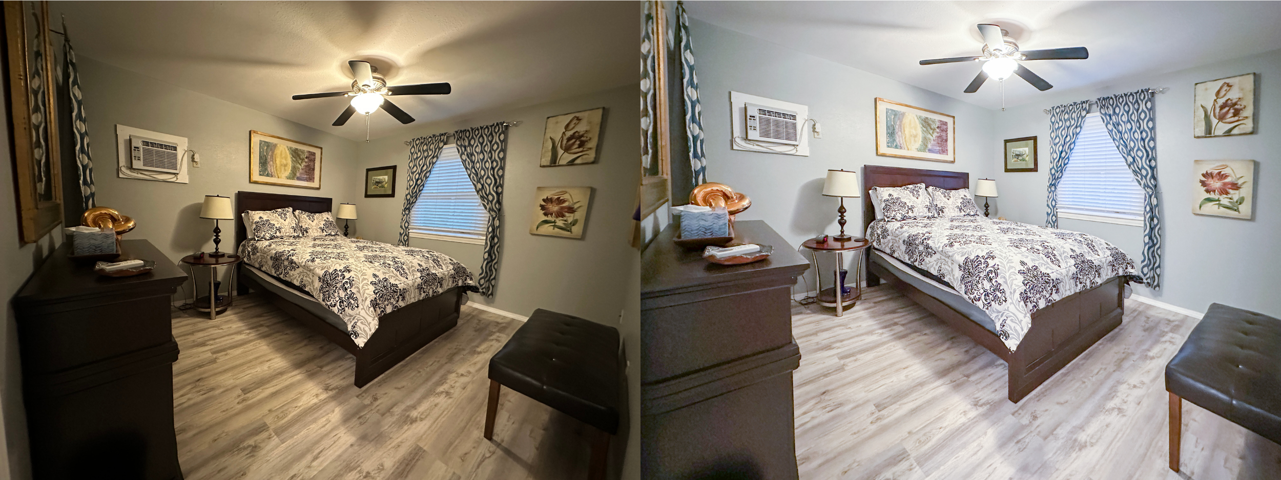 Before and after bedroom vacation rental staging photography Eureka Springs Arkansas