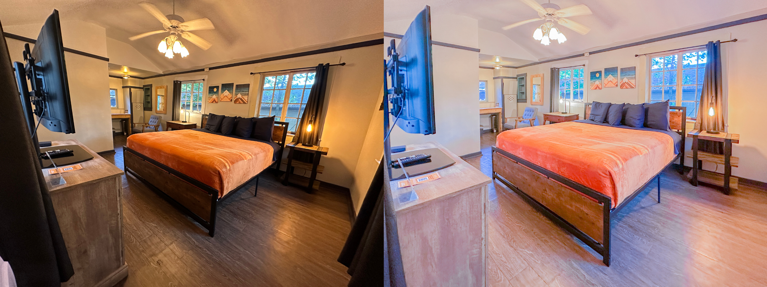 Before and after cabin vacation rental staging photography Eureka Springs Arkansas