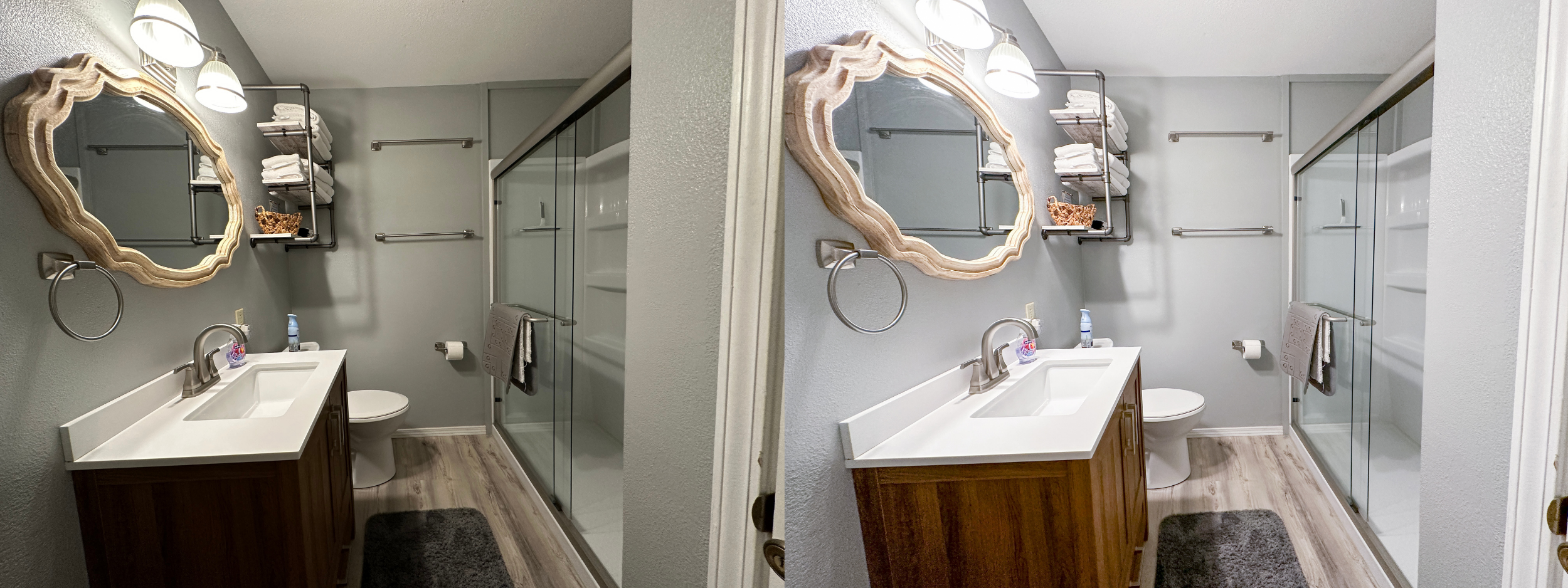 Before and after bathroom vacation rental staging photography Eureka Springs Arkansas