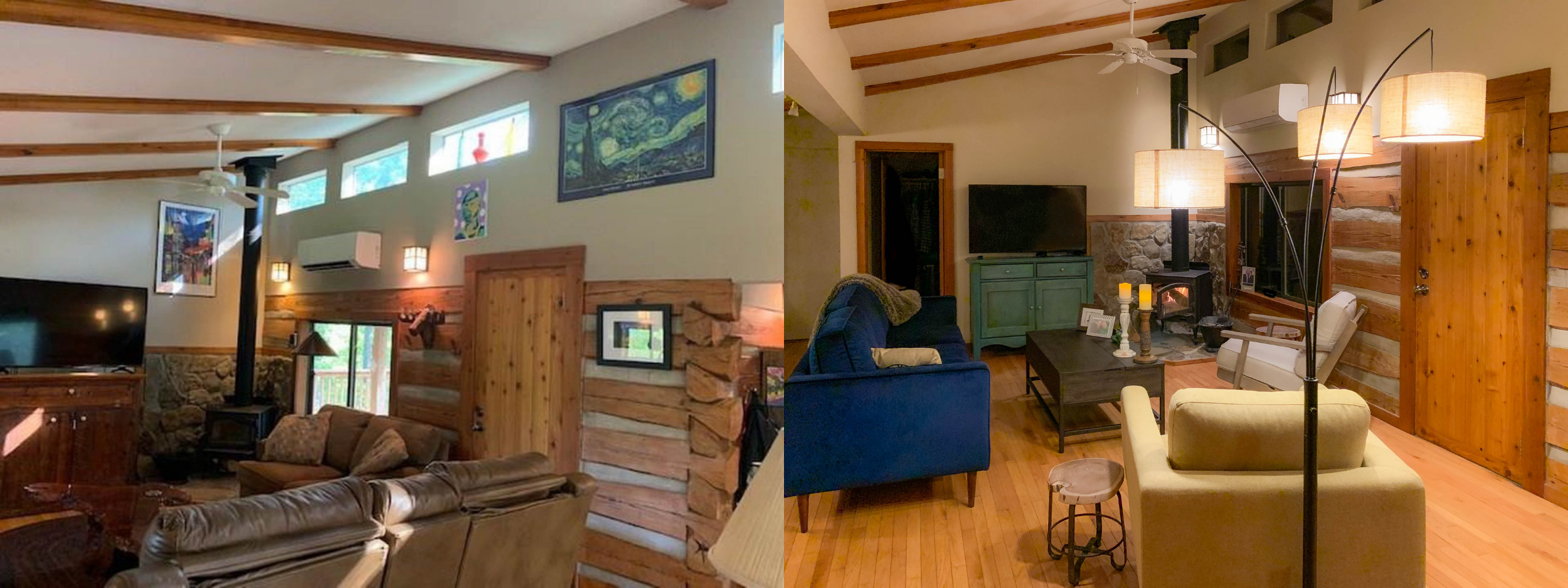 Before and after cabin vacation rental staging photography Eureka Springs Arkansas