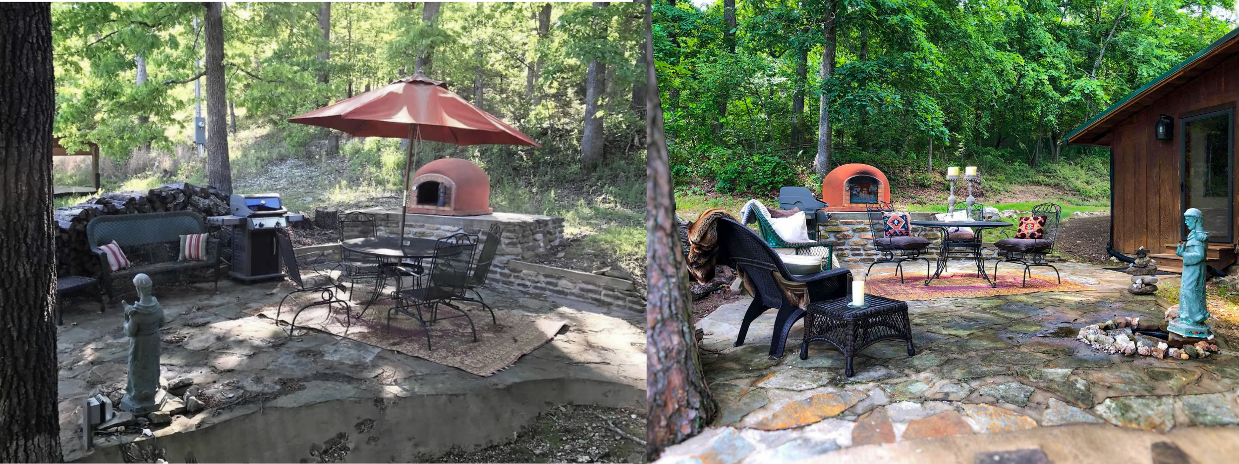 Before and after outdoor patio vacation rental staging photography Eureka Springs Arkansas