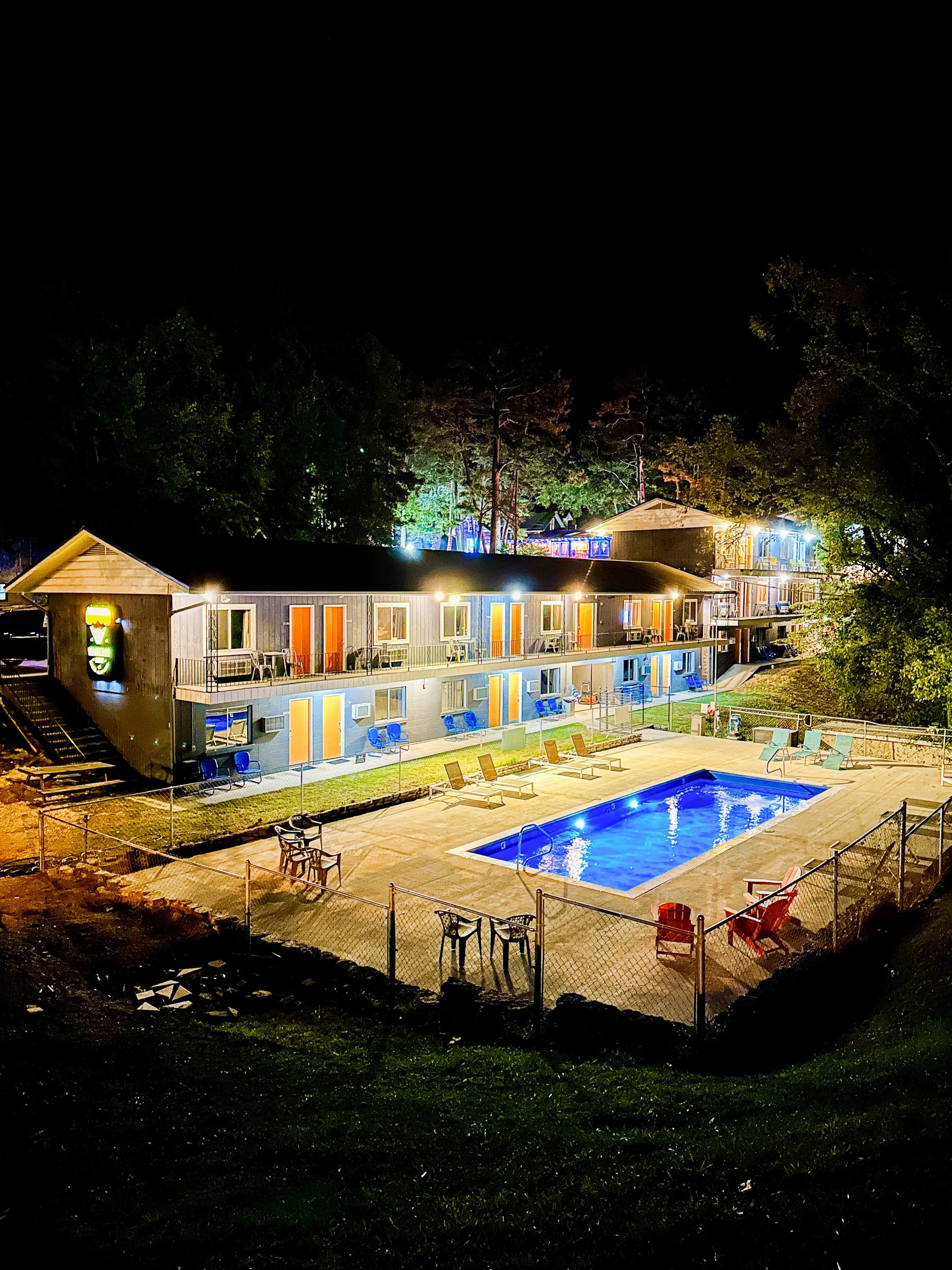 Twilight exterior photography of a vacation rental property in Eureka Springs Arkansas