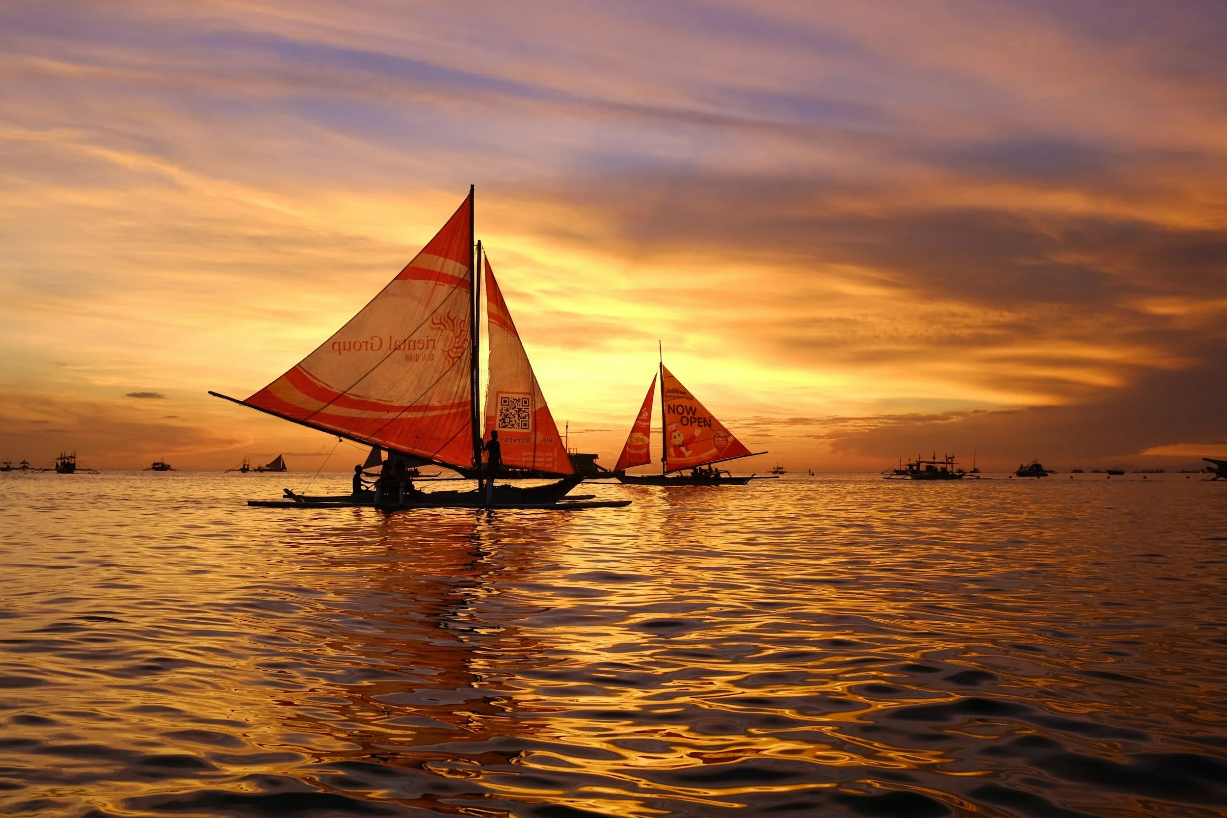 A sunset over the water with several small sailboats with orange and white sails, some with advertisements, sailing near the horizon.