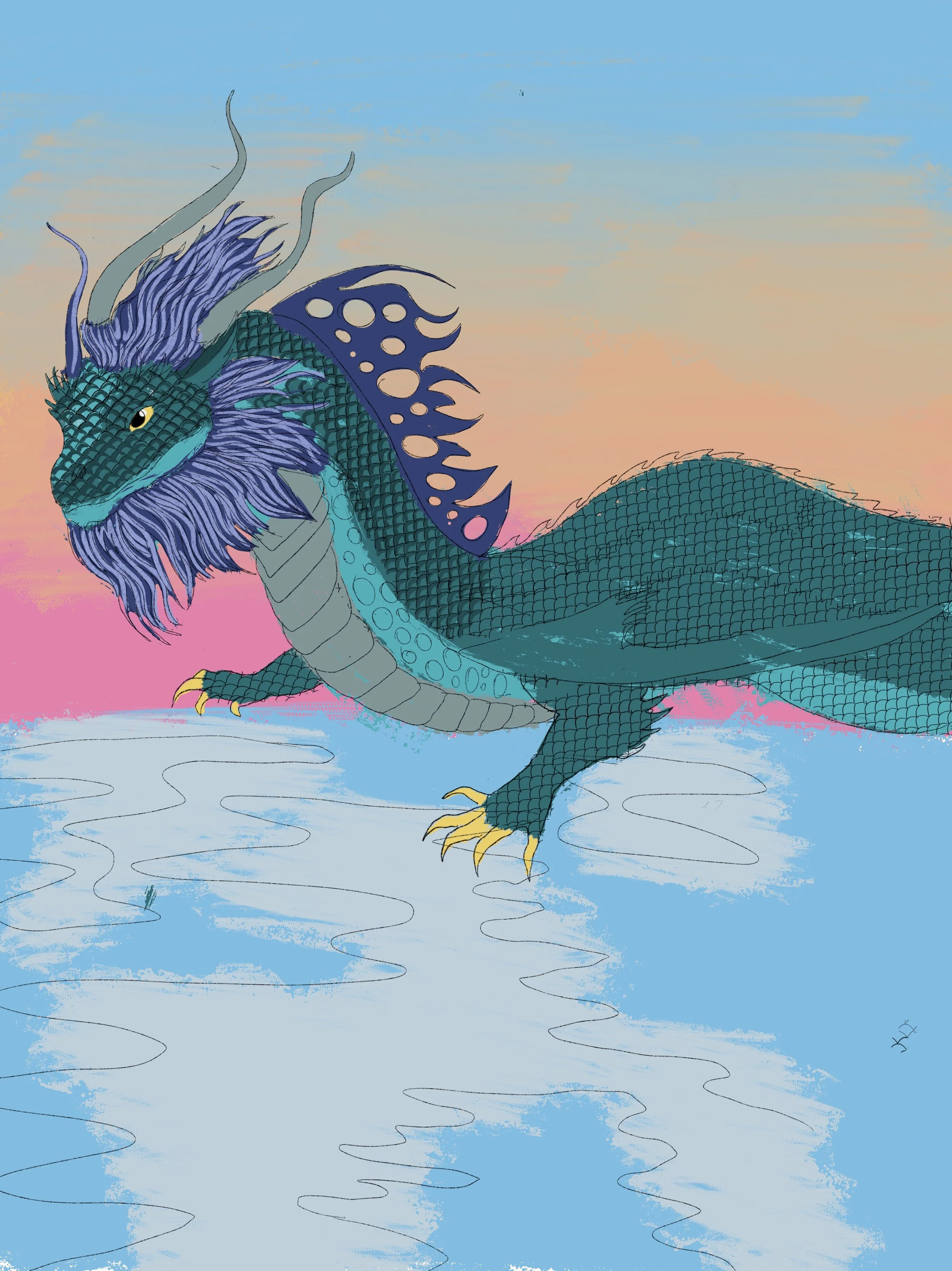 Colorful illustration of a dragon with detailed scales, horns, and wings, set against a pastel sunset sky reflecting on water.