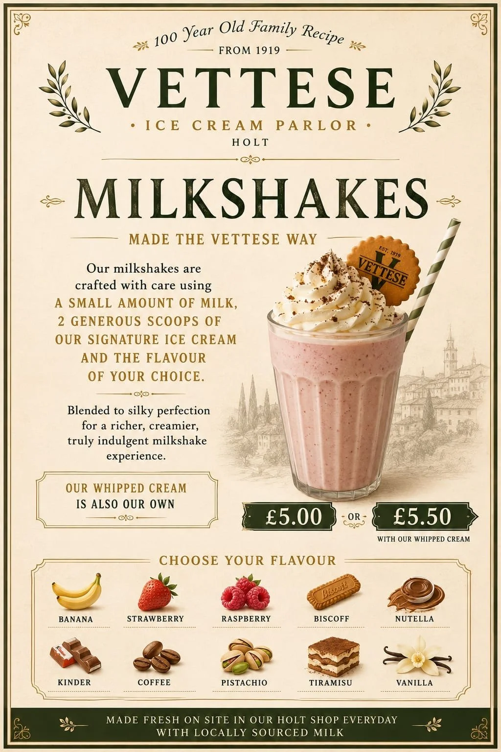 Sign advertising Vetese Ice Cream Parlor's milkshakes available for £5.00 or £5.50 with whipped cream, made with small milk and flavor options, featuring an image of a strawberry milkshake topped with whipped cream and a cookie. Flavors include banana, strawberry, raspberry, biscoff, nutella, kinder, coffee, pistachio, tiramisu, and vanilla.