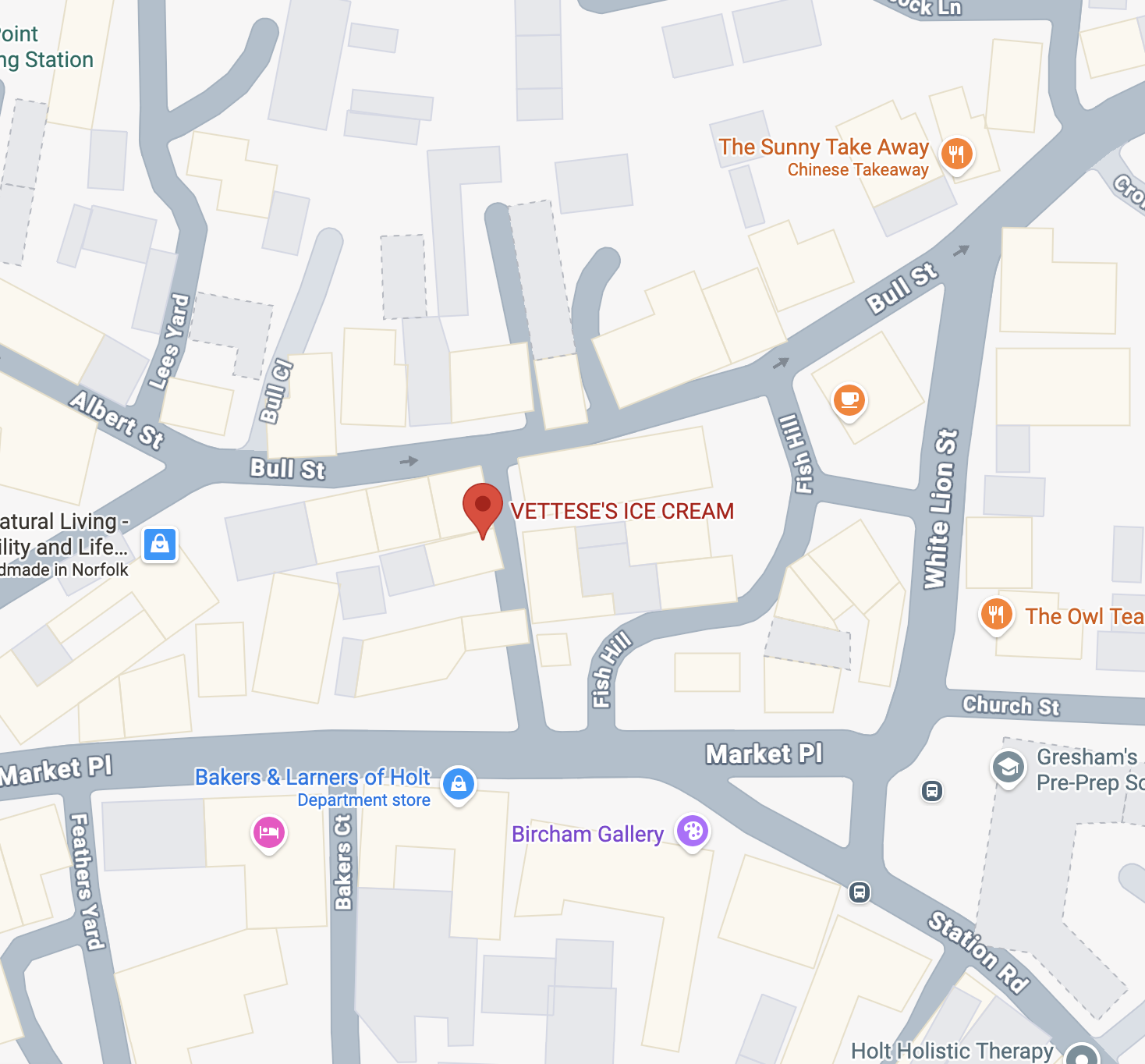 Map showing the location of Vettese's Ice Cream on Bull Street near Fish Hill, with nearby streets and landmarks including Bakers & Larners of Holt department store, Bircham Gallery, and The Sunny Take Away Chinese Takeout.