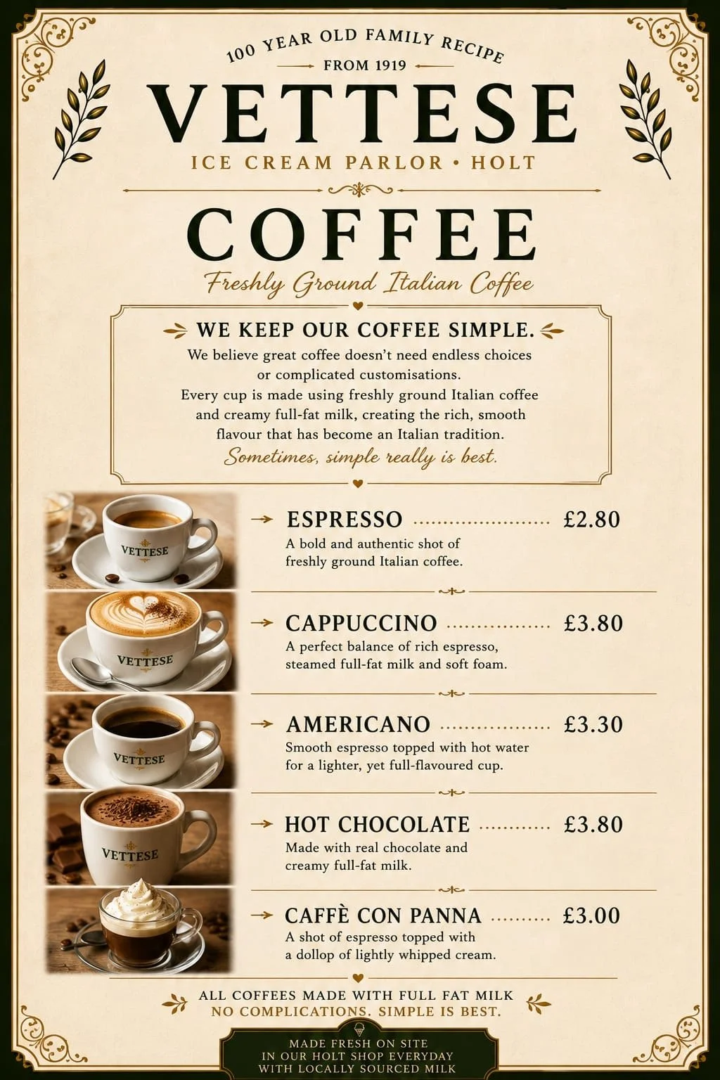Menu for Vetese Ice Cream Parlor in Holt, featuring coffee options including espresso, cappuccino, americano, hot chocolate, and caffe con panna, with descriptions and prices. Vintage-style design with decorative borders and small images of coffee drinks.