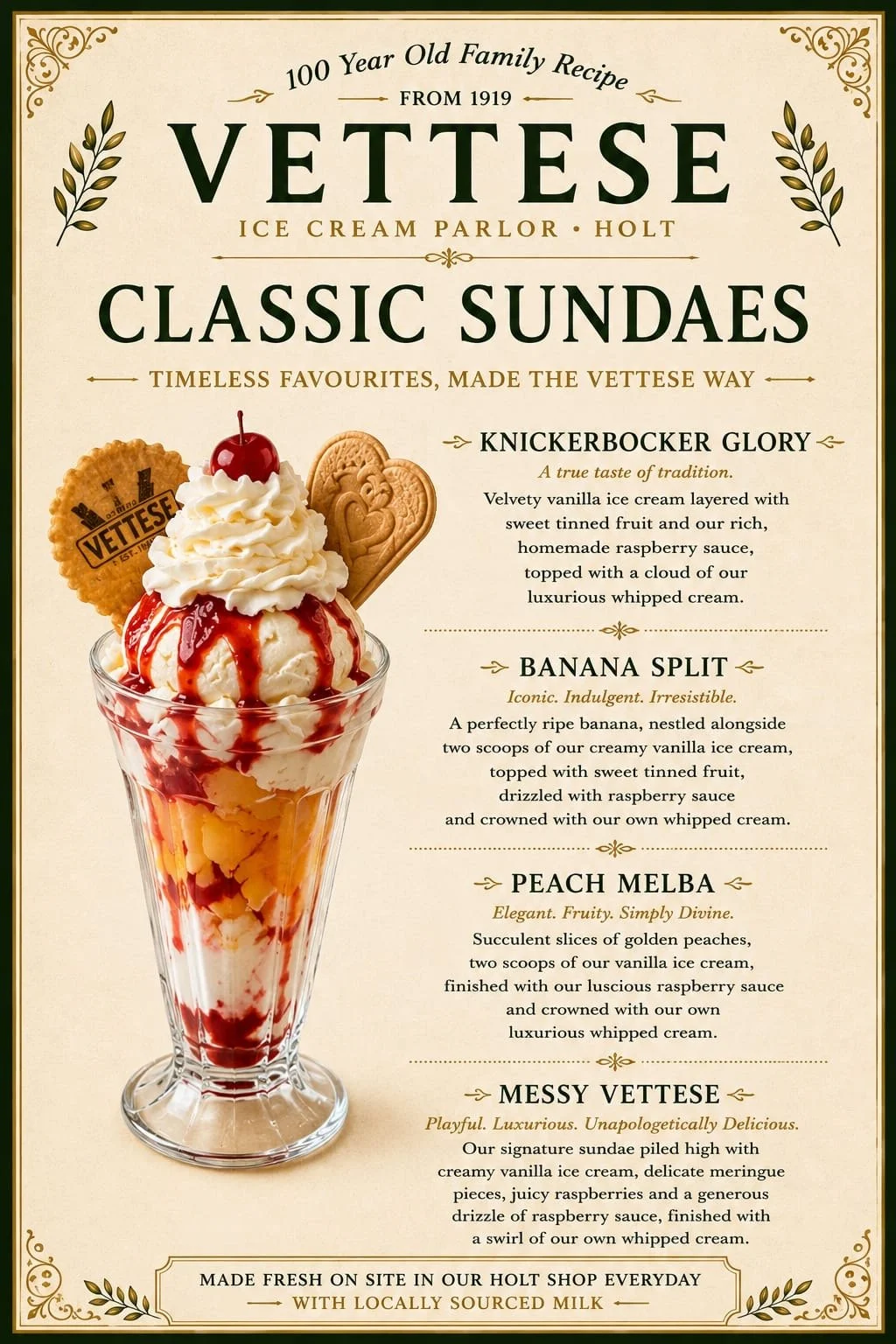 Menu featuring four classic sundaes: Knickerbocker Glory, Banana Split, Peach Melba, and Messy Vettese, with a large image of a sundae topped with whipped cream, cherry, cookies, and raspberry sauce.
