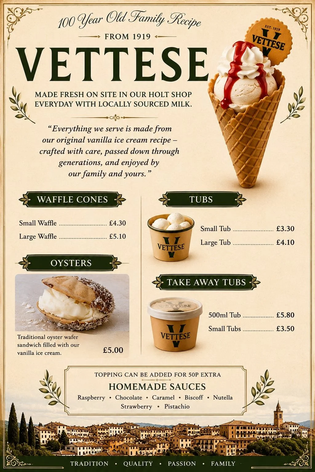Menu for Vetese ice cream shop with a large image of an ice cream cone topped with whipped cream and sauce. Descriptions of waffle cones, oysters, tubs, take-away tubs, and homemade sauces are included, with prices listed.