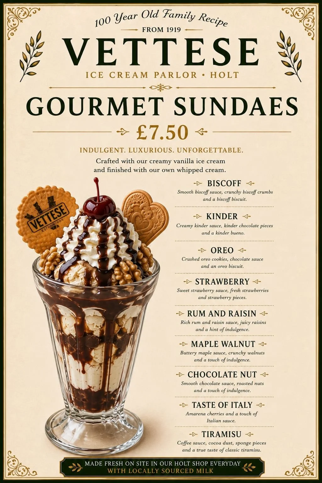 Menu for Vetese Ice Cream Parlor featuring gourmet sundaes priced at £7.50, with toppings such as biscoff, kinder, oreo, strawberry, rum and raisin, maple walnut, chocolate nut, taste of Italy, and tiramisu, depicted with a large ice cream sundae topped with whipped cream, drizzled chocolate, a cherry, cookies, and nuts.
