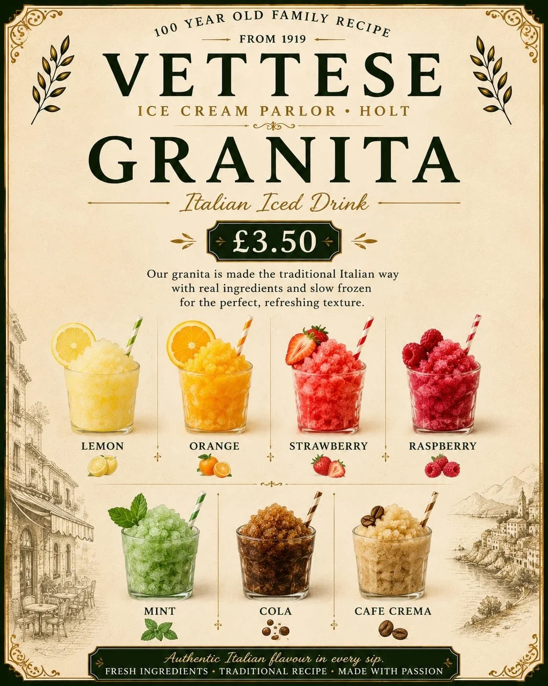 Menu poster for Vetese Granita Italian Iced Drink featuring varieties like lemon, orange, strawberry, raspberry, mint, cola, and cafe crema, priced at £3.50.