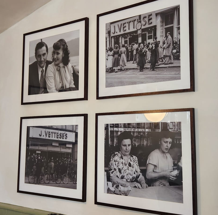 Four black-and-white photographs of J. Vettese's restaurant and people, including two women inside, a line of people outside, and a couple seated at a table.