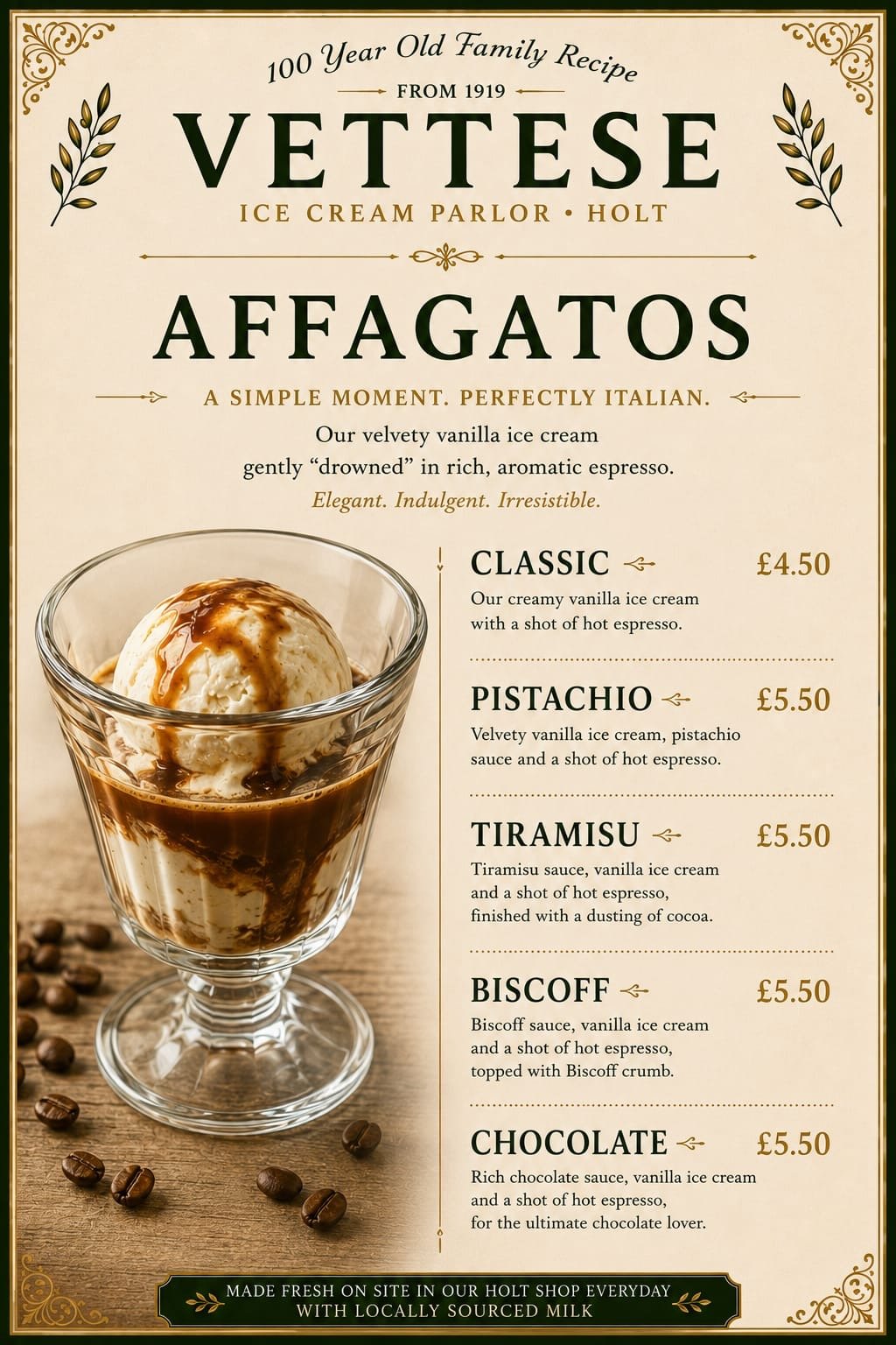 Menu for Vetese Ice Cream Parlor featuring a vanilla ice cream sundae with sauce, and a list of flavors including classic, pistachio, tiramisu, biscoff, and chocolate, with prices ranging from £4.50 to £5.50.