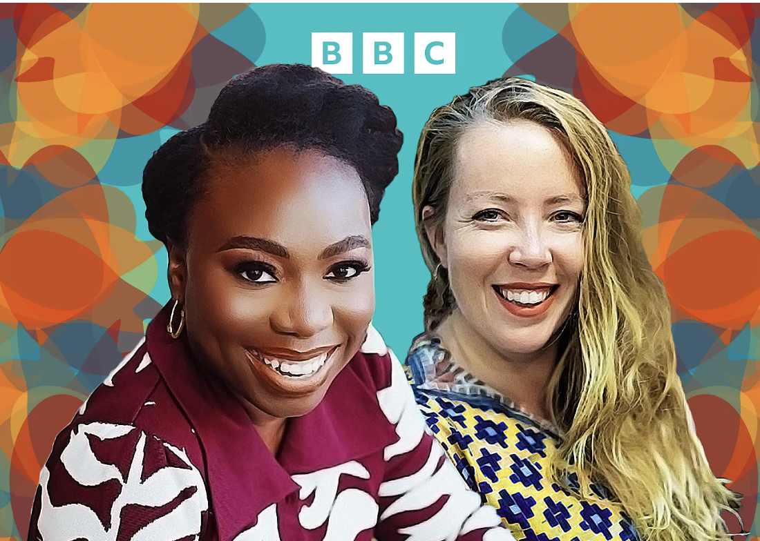 Two smiling women in front of a colorful background with the BBC logo.