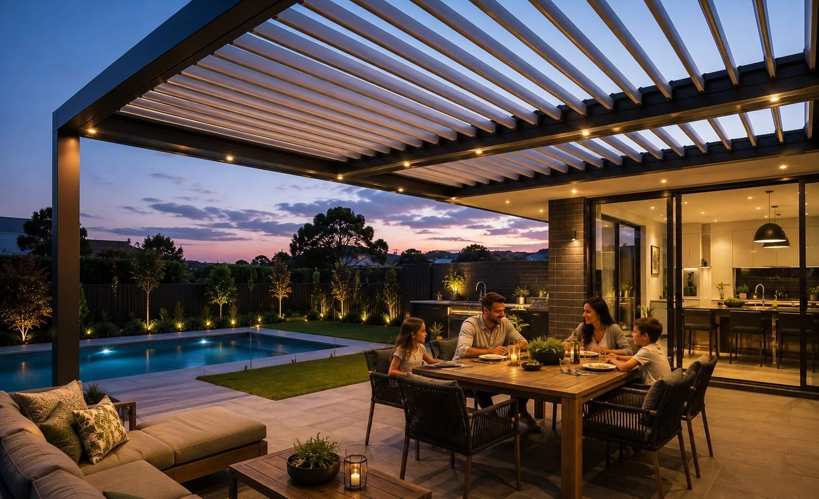 all family in a table under louvres roof and a pool beside