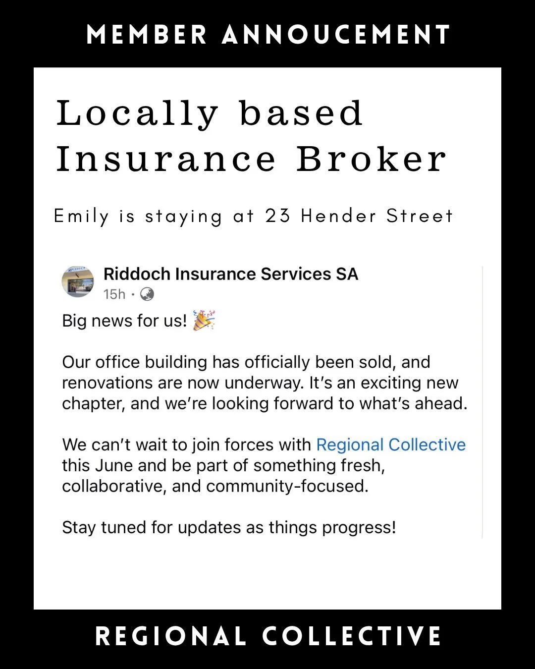 Riddoch Insurance are not going anywhere, they are just on a little office vacation while renovations are happening. 

We are so grateful for Emily&rsquo;s support and can't wait to welcome her and her clients back from mid-June. 

If you have insura
