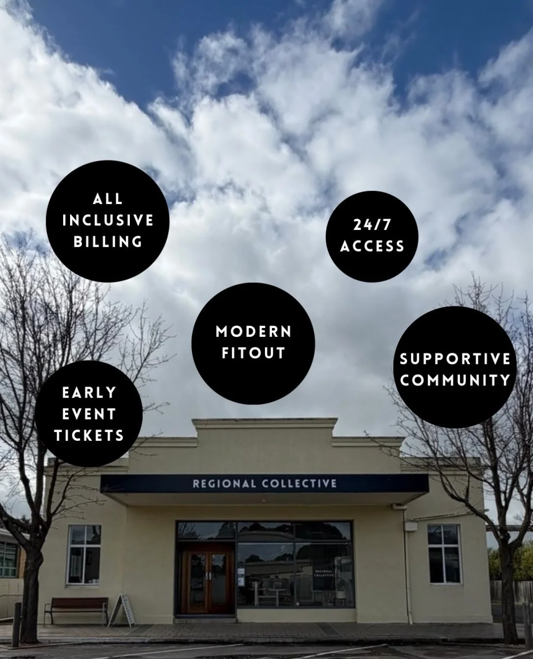 Membership at Regional Collective isn&rsquo;t complicated.

💵 All inclusive billing. No surprise invoices.
🔑 24/7 access. Work when the work happens.
🖥️ Modern fitout. A professional space that actually feels good to be in.
🎫 Early tickets to eve