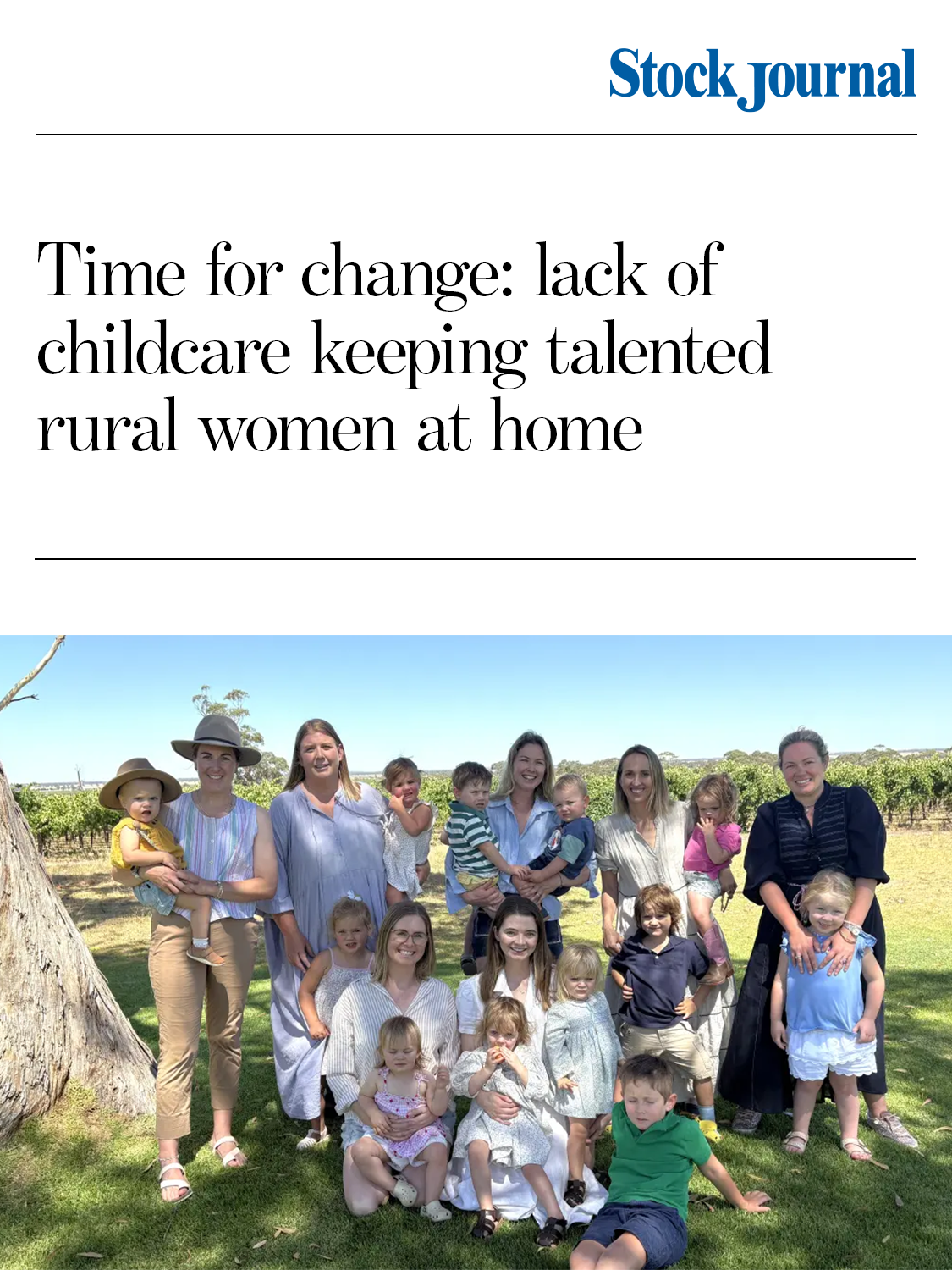 Stock Journal — Time for change: lack of childcare keeping talented rural women at home
Sarah Secker joins regional mothers calling for better childcare access in rural South Australia, highlighting the workforce and community cost of inaction.