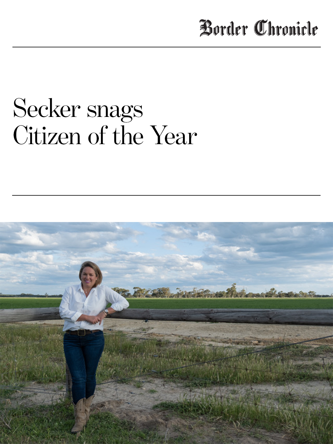 Border Chronicle — Secker snags Citizen of the Year
Sarah Secker named Tatiara Citizen of the Year 2026 for her contribution to regional liveability and community infrastructure in Keith, South Australia.