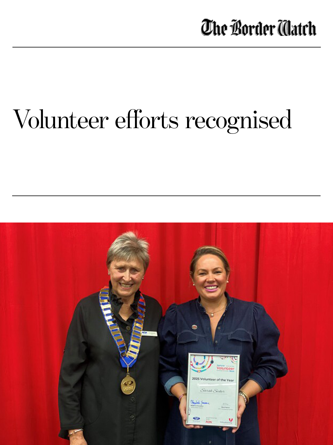 The Border Watch — Volunteer efforts recognised
Sarah Secker awarded Volunteer of the Year 2025 by the Tatiara District Council for her ongoing contribution to the Keith community.