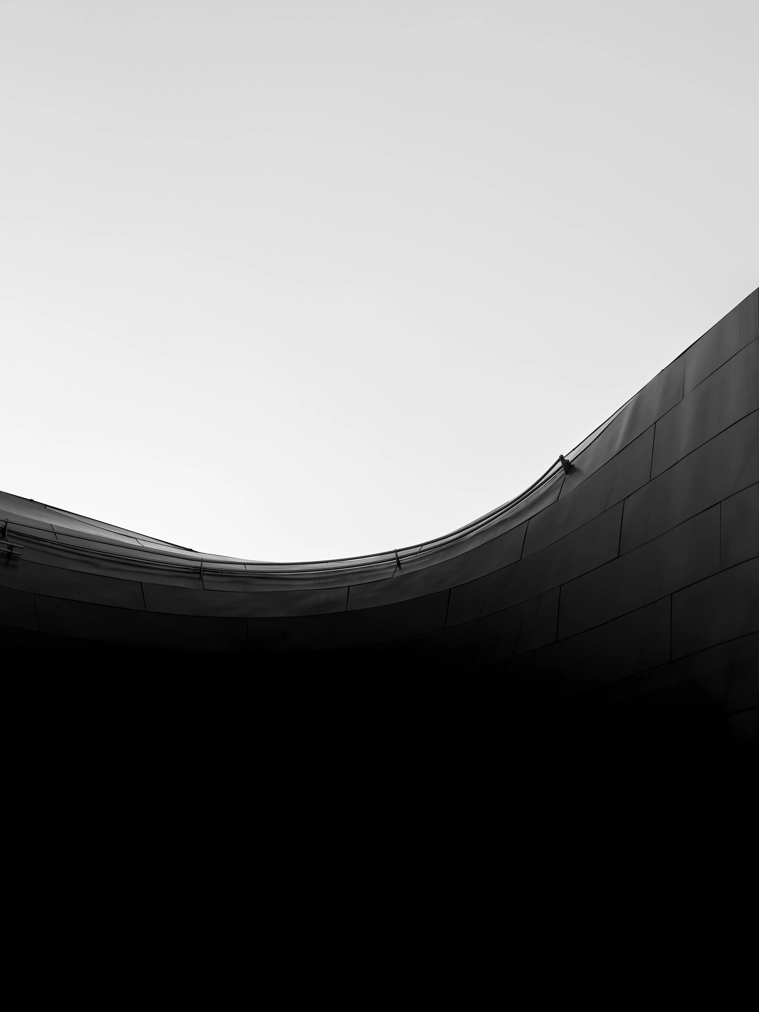 Black and white photo of a modern architectural building with a curved roofline against a clear sky.